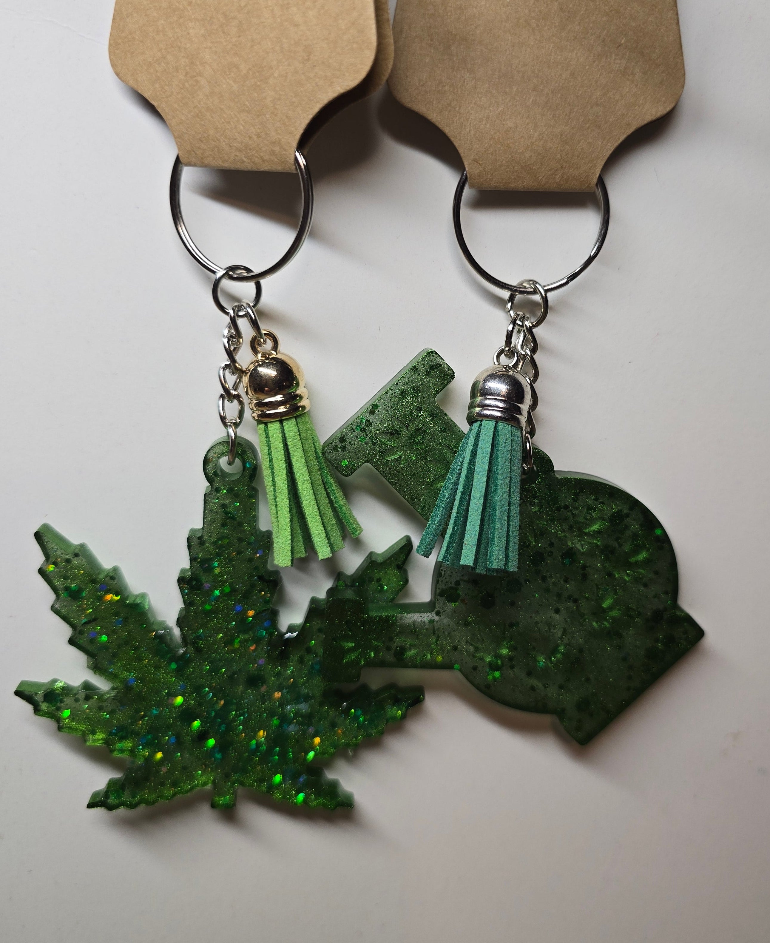 Green Glittery leaf and bong keychain set