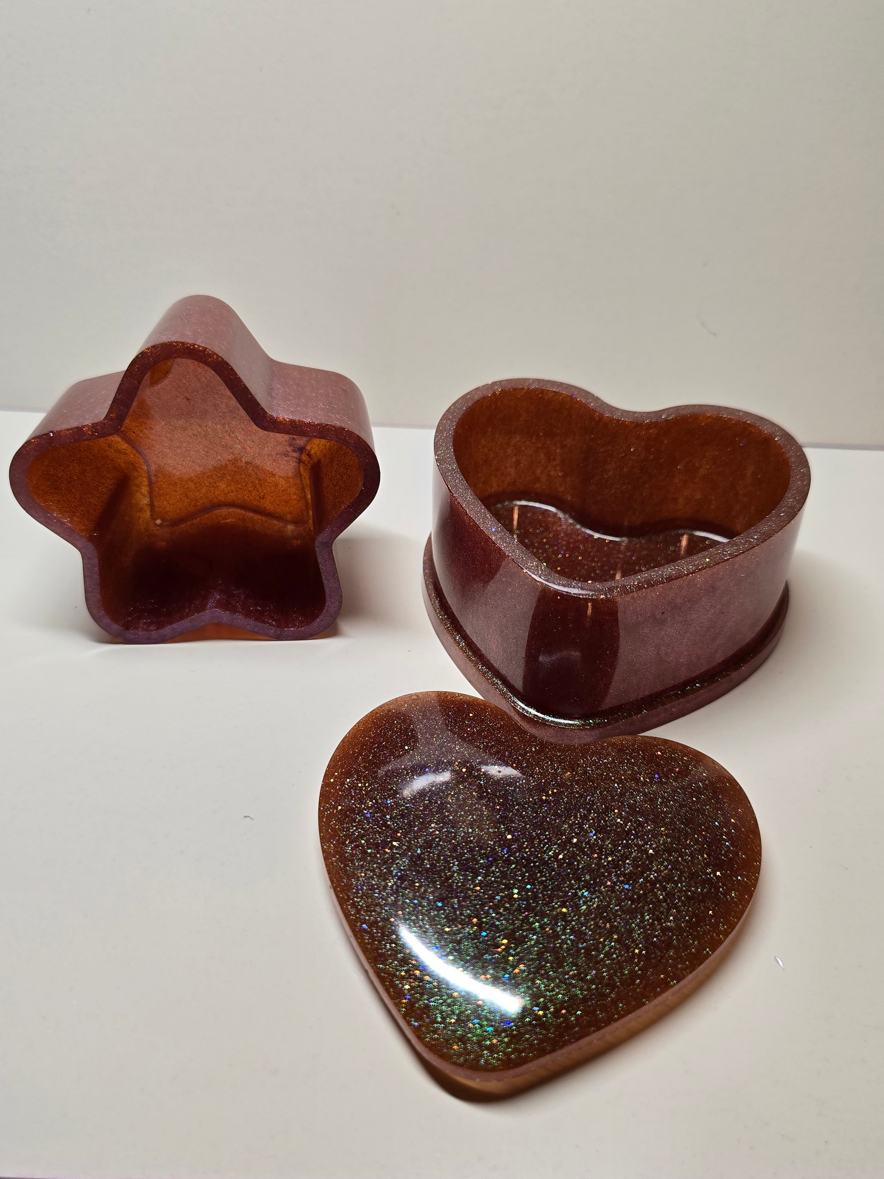 Goldish brown color shifting heart trinket tray and star dish