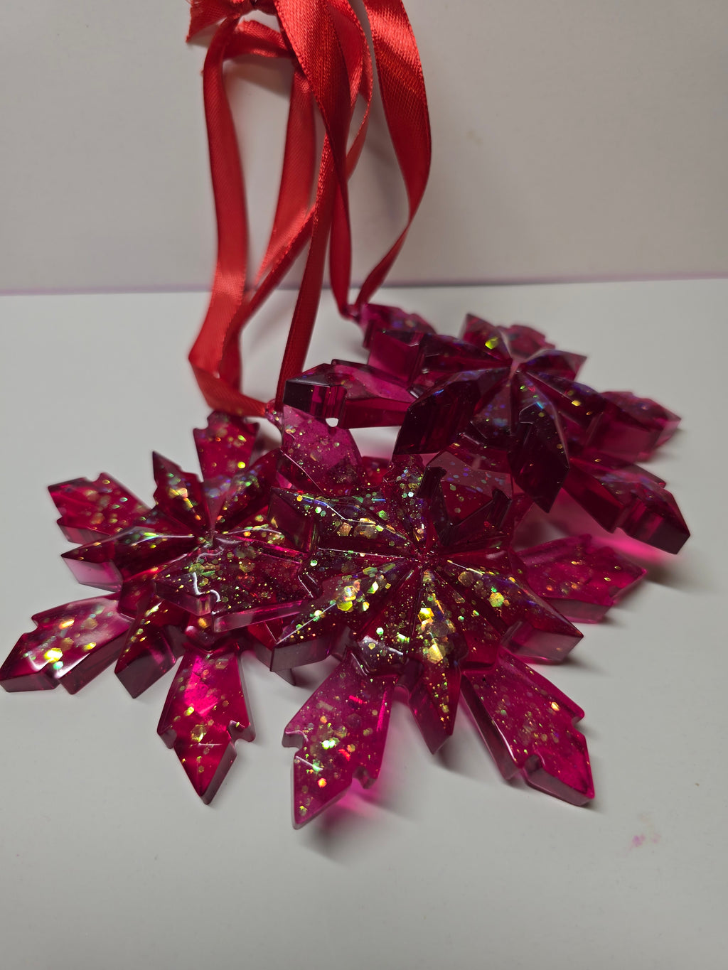 Red snowflakes with gold glitter set of (3)