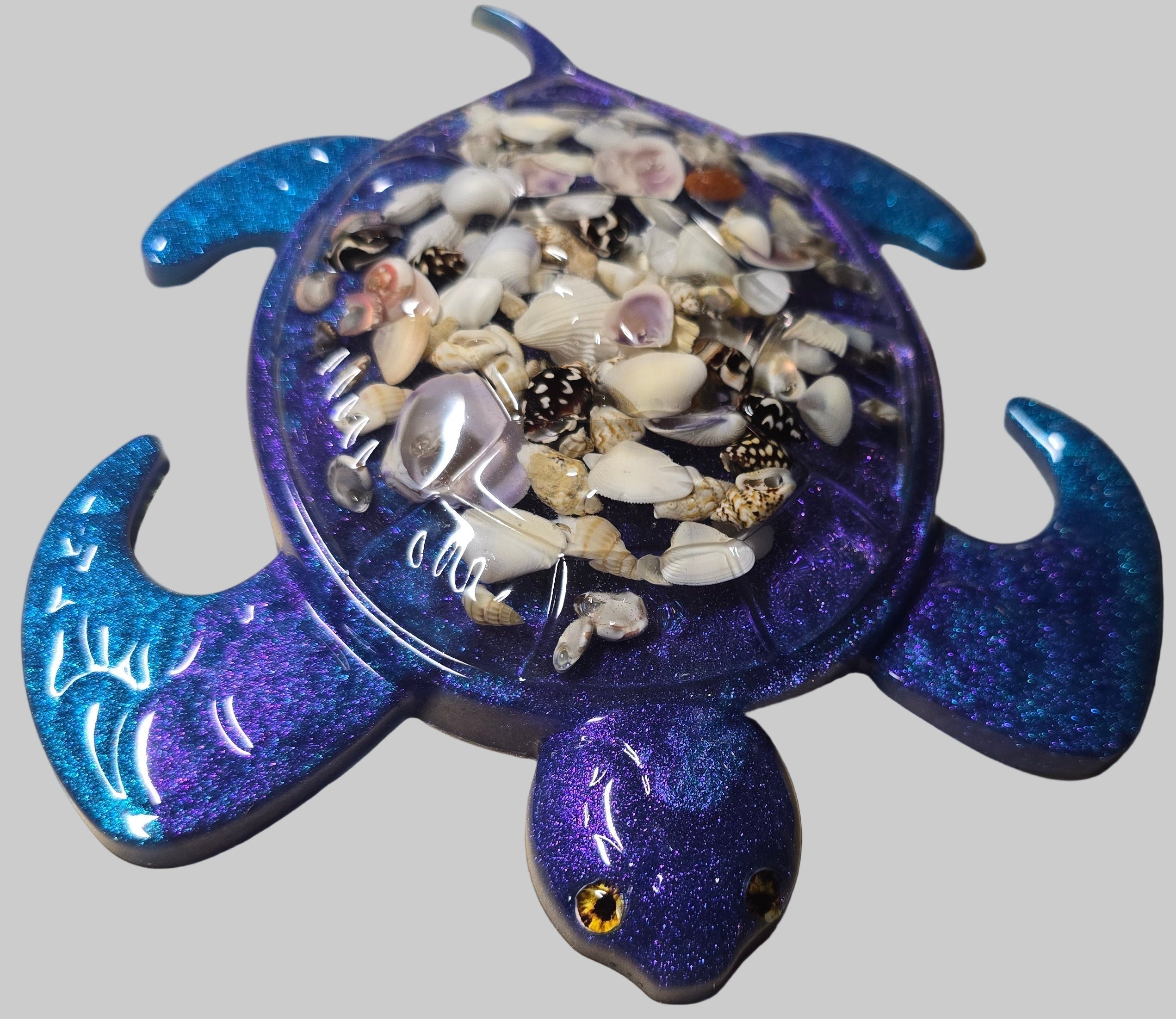 Handmade blue and purple resin turtle.