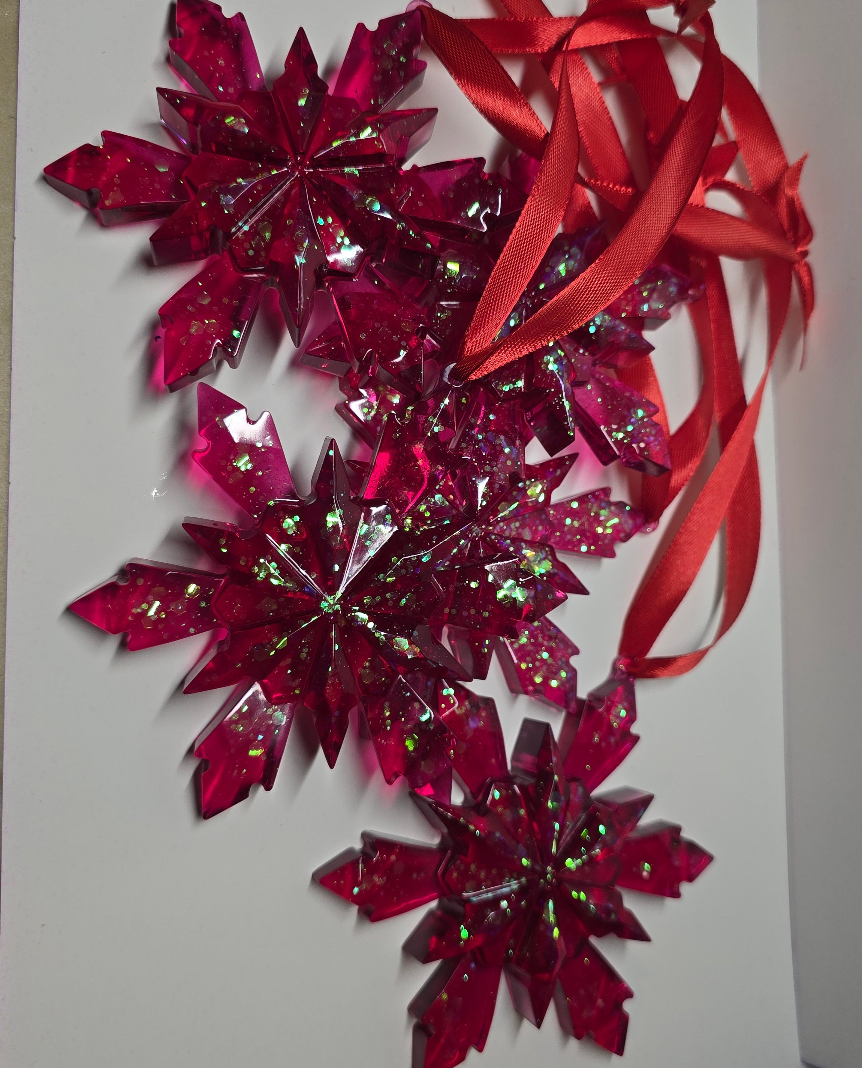 Red with colored glitter snowflakes set of (5)