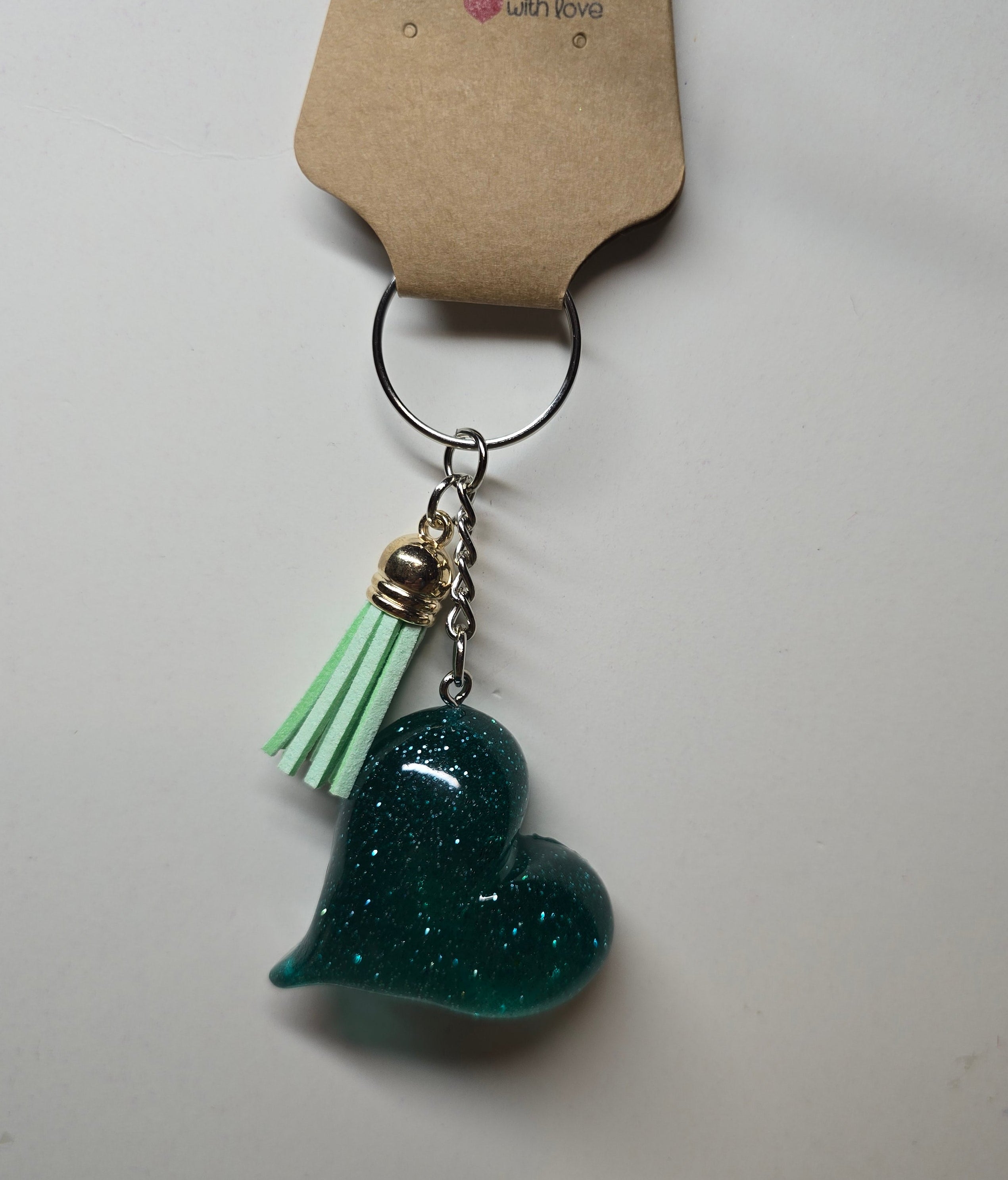 Handmade Teal Glitter Resin Heart Keychain with Tassel